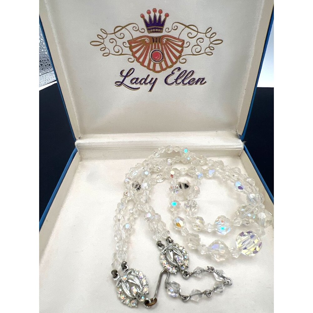 Vintage‎ AB Crystal Necklace Lady Ellen Aurora Borealis Rhinestone Clasp Box